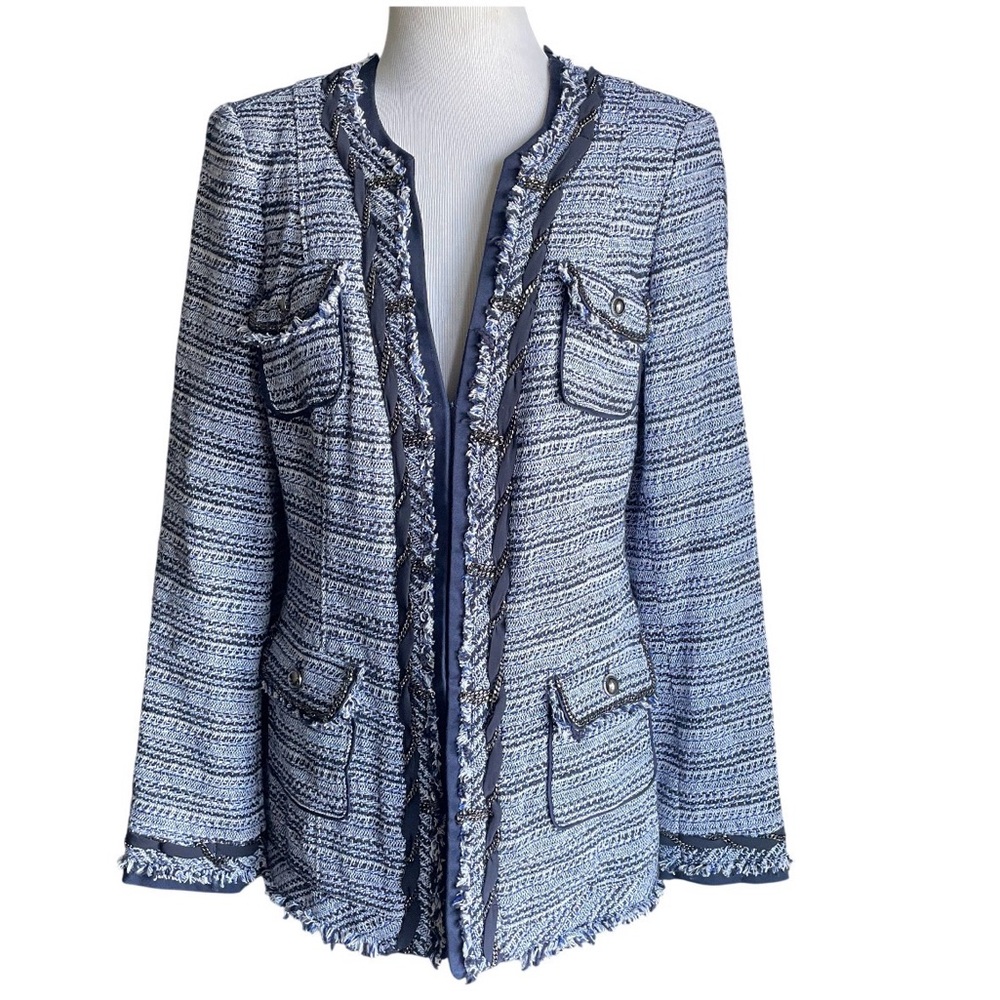 White House Black Market Blue White Tweed Blazer 8 Preppy Suit Jacket Retro Glam